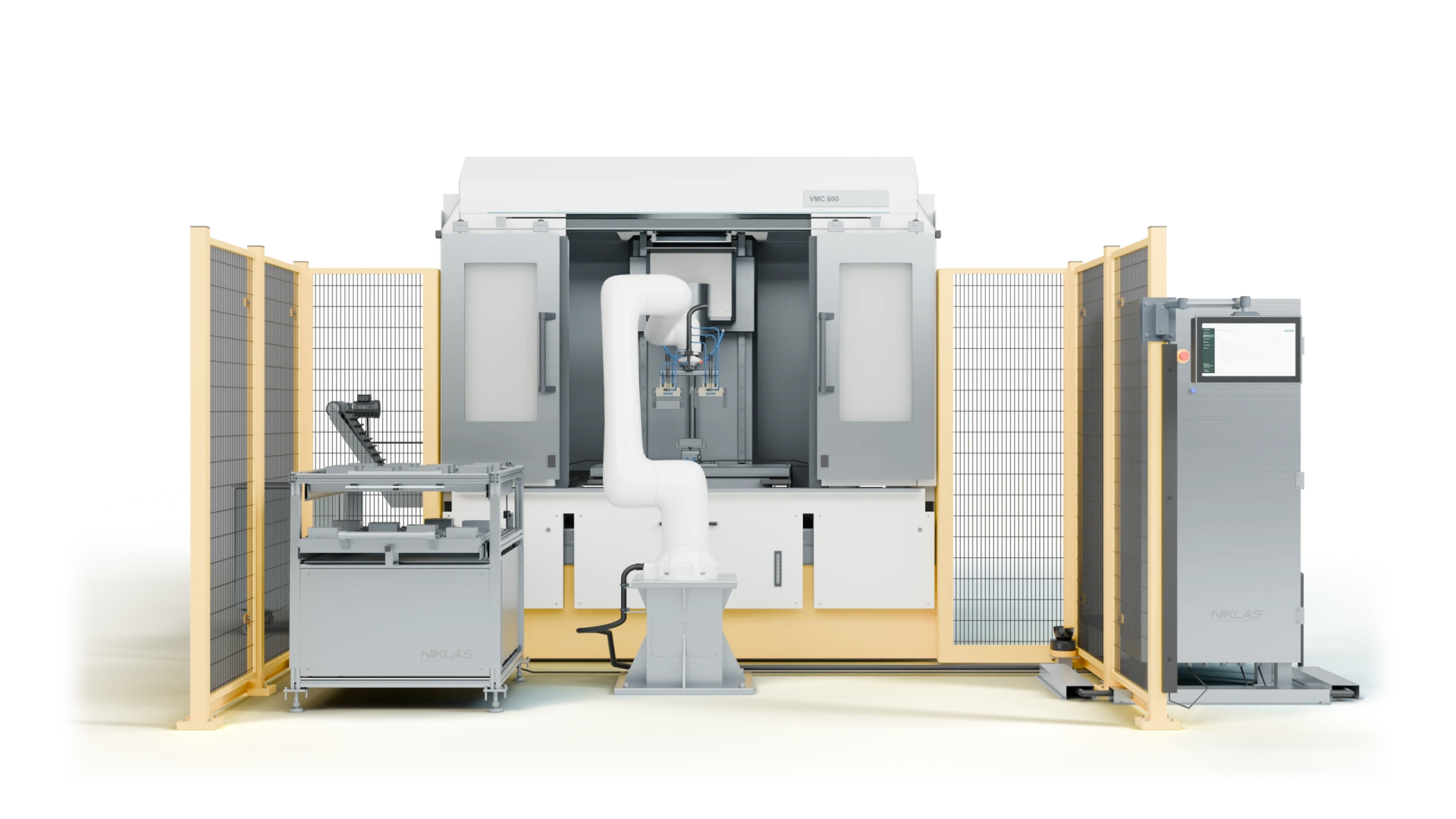 NIKLAS Machine Loader: Frontansicht mit CNC-Maschine, ROKAE CR20, Doppelgreifer, Werkstückmagazin, Bedienplatz und Sicherheitstechnik