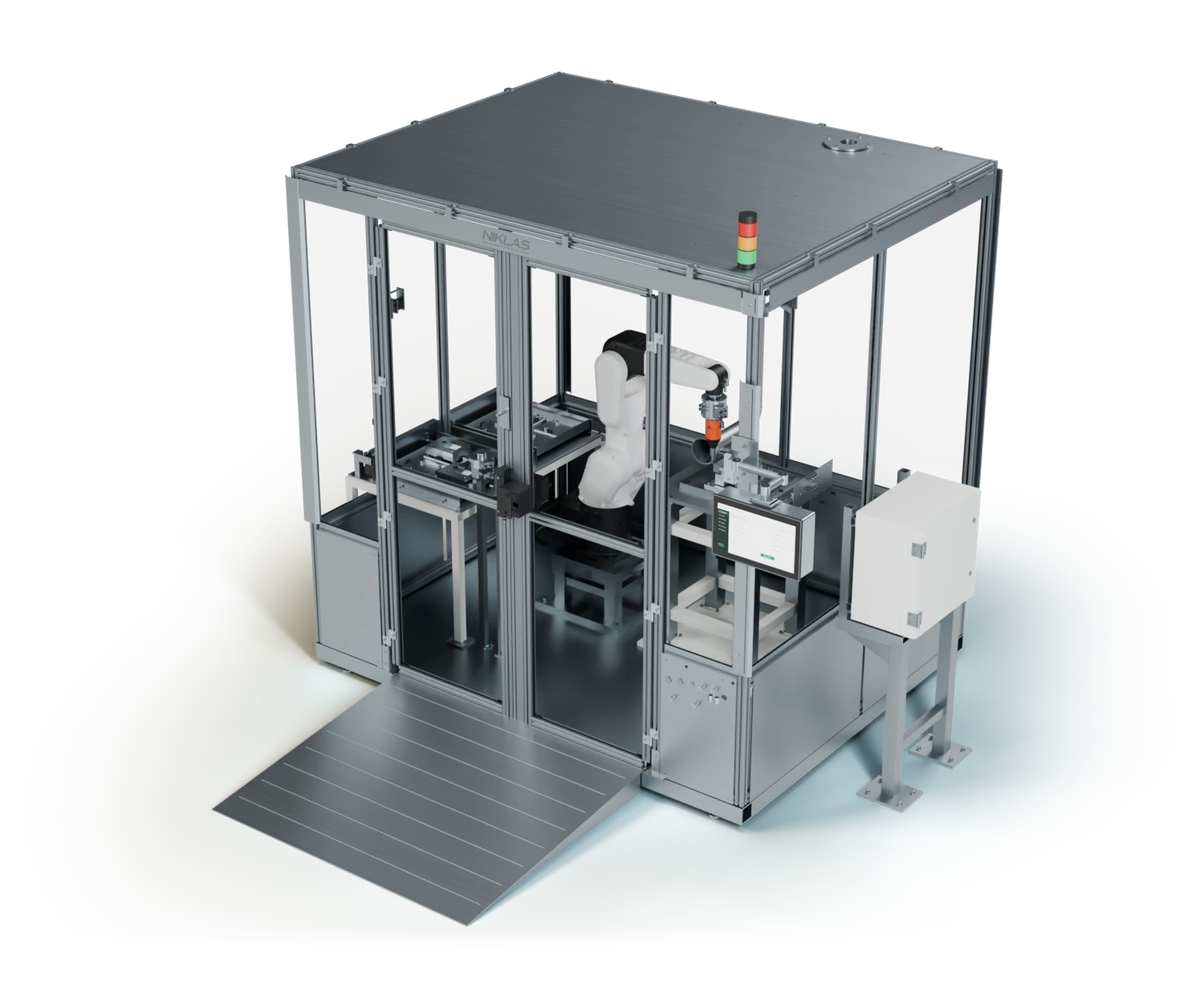 NIKLAS Surface Cell – ISO-Ansicht der eingehausten Roboter-Entgratzelle mit Roboter, Werkstückmagazin und Bedienpanel