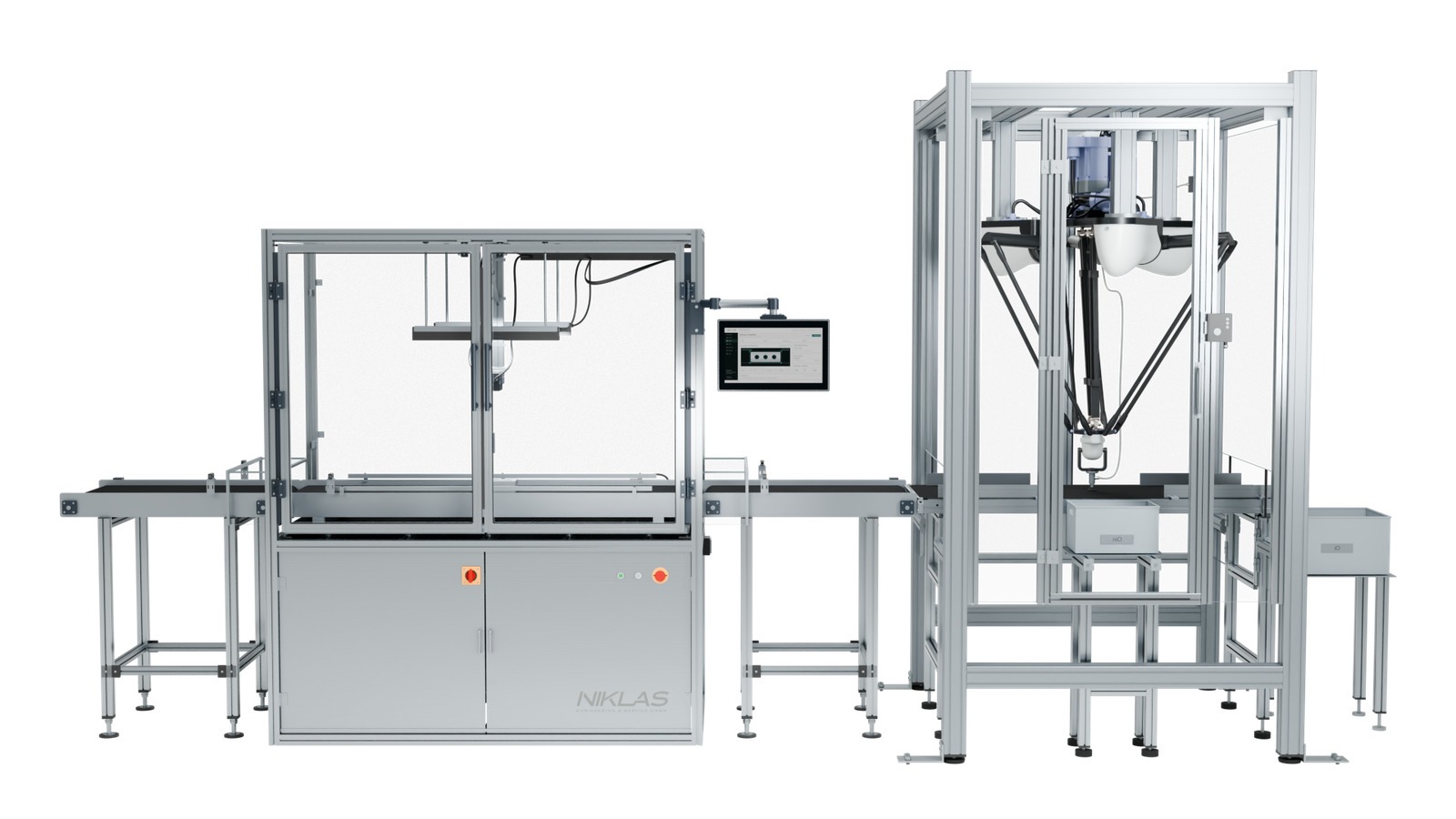 Breite NIKLAS Vision Check Prüfzelle mit Förderband und Delta-Picker für die Teilesortierung